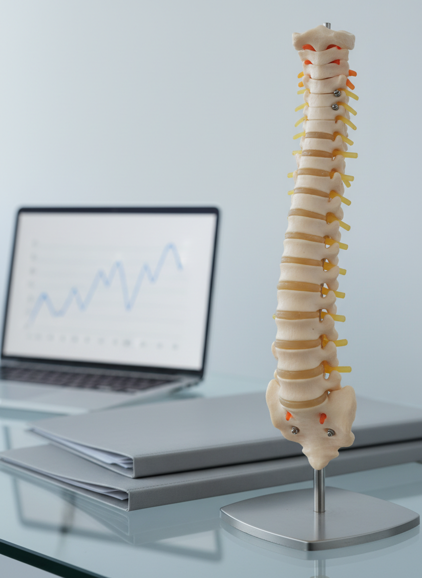A detailed close-up of a high-quality anatomical spine model resting on a clear glass desk in a chiropractic clinic. Each vertebra is precisely sculpted in warm off-white resin, interspersed with subtle light-yellow discs, and supported by a brushed steel rod. Behind it, out of focus, a laptop with a minimal graph on screen and a neat stack of patient folders in soft gray tones suggest structured care. Cool, even studio lighting creates crisp but gentle highlights on the model, emphasizing texture without harsh glare. The composition follows the rule of thirds with shallow depth of field, achieving a clean, modern, photographic aesthetic that feels analytical yet reassuring.